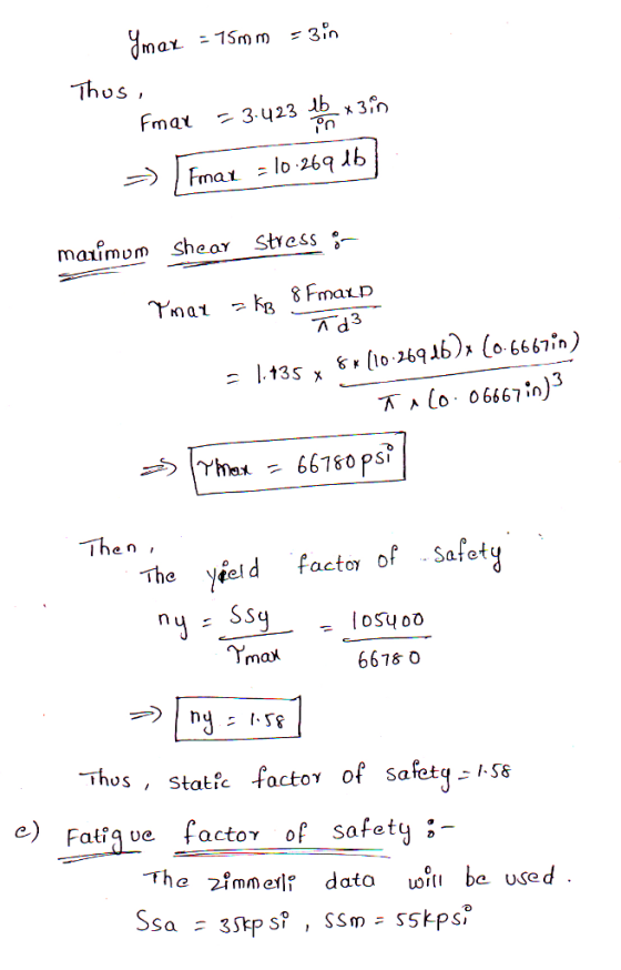 Ymax = 75mm = 3in Thus, Fmax = 3.423 lb *3.in - TFmax = 10.269 16] maximum shear stress :- Ymar = KB 8 Fmard īd3 = 1.135 x 82
