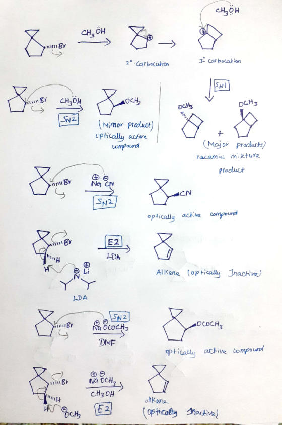 CH₂OH 2° -Carbocation 3- carbocation KY CH2O OCH2 Осн: OCH3 SN2 Mimor product) cptically active compound (Major products) rac