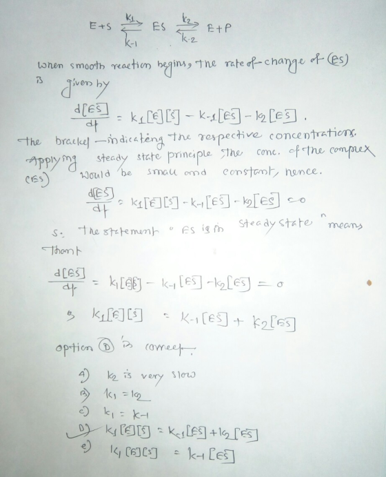when smooth reaction begins, the rate of change of (@s) is givers by 2. ki[+] [s] - Kas[es] -12 [es]. The bracket indicateng