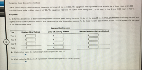 Comparing three depreciation methods Dexter Industries purchased packaging equipment on January 8 for $135,000. The equipment