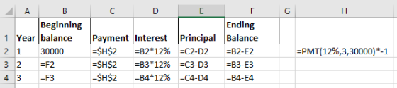 с D E ДА В Beginning 1 Year balance 2 1 30000 32 =F2 43 =F3 Payment Interest =$H$2 =B2*12% =$H$2 =B3*12% =$H$2 =B4*12% Princi