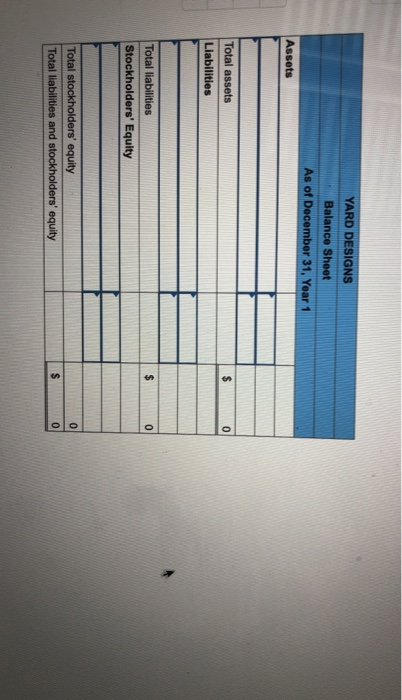 YARD DESIGNS Balance Sheet As of December 31, Year 1 Assets 0 Total assets Liabilities $ 0 Total liabilities Stockholders Eq