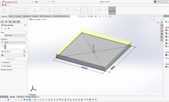 35 SOLIDWORKS Sketch 1 of 2M* > Search Commands 23 Referenc... Curves Instant3D Swept Boss/Base Swept Cut Rib to Wrap Extrude