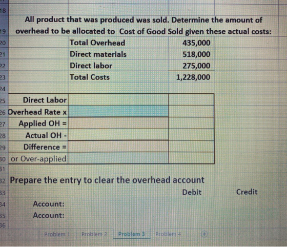 18 19 All product that was produced was sold. Determine the amount of overhead to be allocated to Cost of Good Sold given the