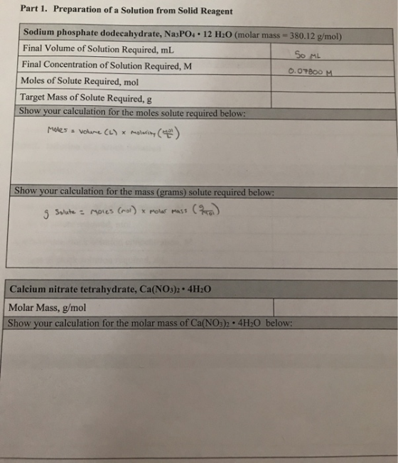 Part 1. Preparation of a Solution from Solid Reagent Sodium phosphate dodecahydrate, Na3PO4 • 12 H2O (molar mass = 380.12 g/m