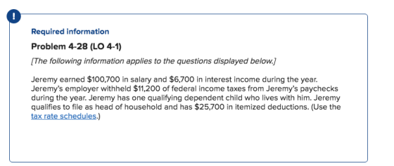 Required information Problem 4-28 (LO 4-1) The following information applies to the questions displayed below.] Jeremy earned $100,700 in salary and $6,700 in interest income during the year Jeremys employer withheld $11,200 of federal income taxes from Jeremys paychecks during the year. Jeremy has one qualifying dependent child who lives with him. Jeremy qualifies to file as head of household and has $25,700 in itemized deductions. (Use the tax rate schedules.)