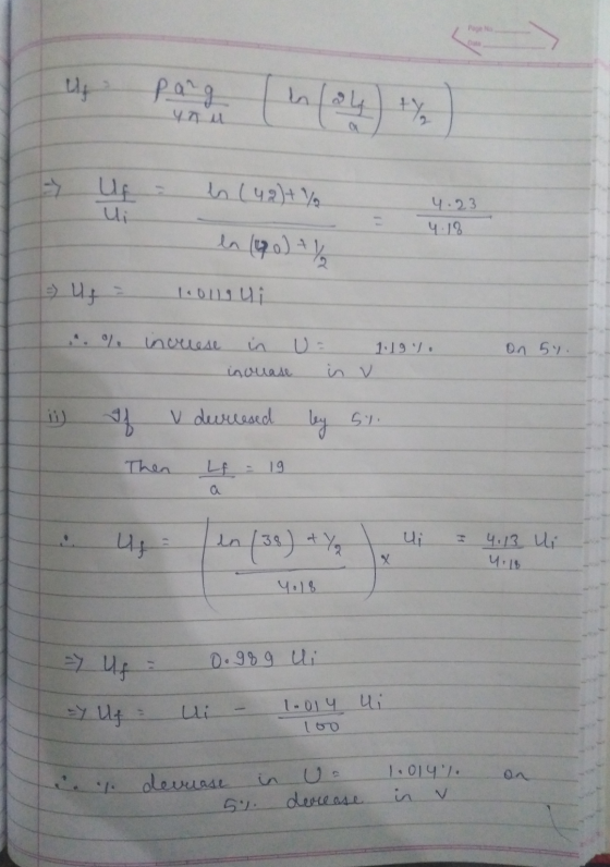 ? pang (34) + yn u in (42)+% 4.23 4.18 - ln (40) + 1 - Uf = 1001 ui ... % incruese in U = inquase in 1.19%. on 54. v T by si