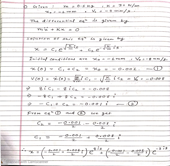 o Given = 0.5 kg -I mm vo 32 Nm z mima se The differential eqr is given by m se tkx 0 Solution of this ech given by Kit Ski с