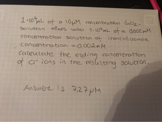 1.10 uL of a 10uM concentration Cuck- solution mixes with 1-104mL of a 0,002 mm concentration solution of iron(111) cloride c