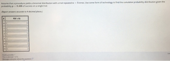 5times. Use some form of technology to find the cumulotive probability distribution given the Assume that a procedure yields a binomial distribution with a trial repeated n probability p 0.446 of success on a single trial. Report answers accurate to 4 decimal ploces.) Points possible: 1 This is attempt 1 of 2