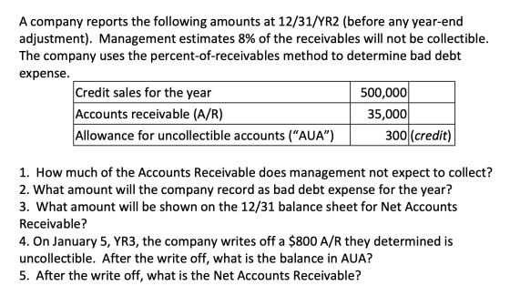 A company reports the following amounts at 12/31/YR2 (before any year-end adjustment). Management estimates 8% of the receiva