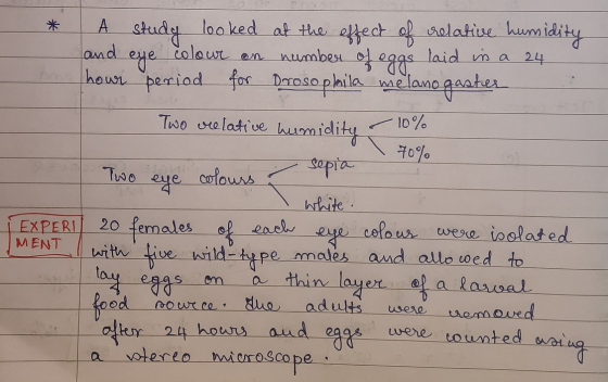 * A study looked at the effect of relative humidity and eye colour on number of eggs laid in a 24 hour period for Drosophila