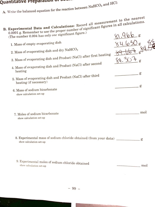 Quantitative Prepaid ull UI DO A. Write the balanced equation for the reaction between Nail te reaction between NaHCO, and HC
