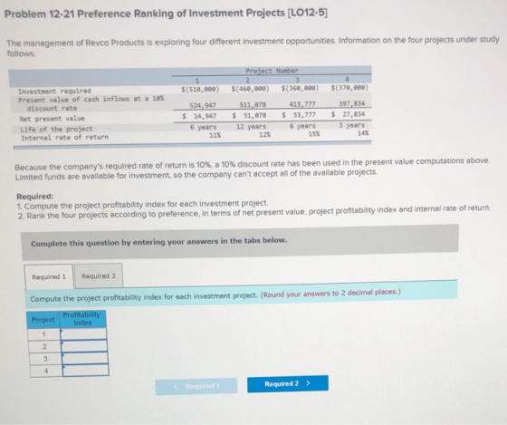 Problem 12-21 Preference Ranking of Investment Projects (LO12-5) The management of Revco Products is exploring four different