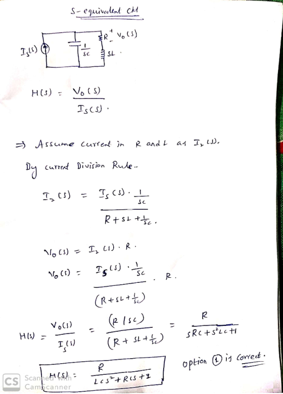So equivalent ckt I vols) HIS). Vols) Iss): as Ig (J). - Assume current in R and By current Division Rule. IR (S) = Is(s). R+
