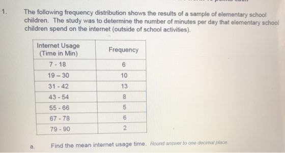 1. The following frequency distribution shows the results of a sample of elementary school children. The study was to determi