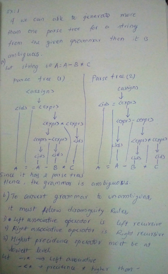 鄂:I f e Ca cuble te generato mere thom one porse tree for e strine frem egiven om biguaus t sving AAB O given pomn then t Parse tree (2) Lassijn Kossign ld Since it hag poo setvees lena e anma is om biuc it must Aalens clisorngity Rde, 1 Right recuns tet → Lett. associative