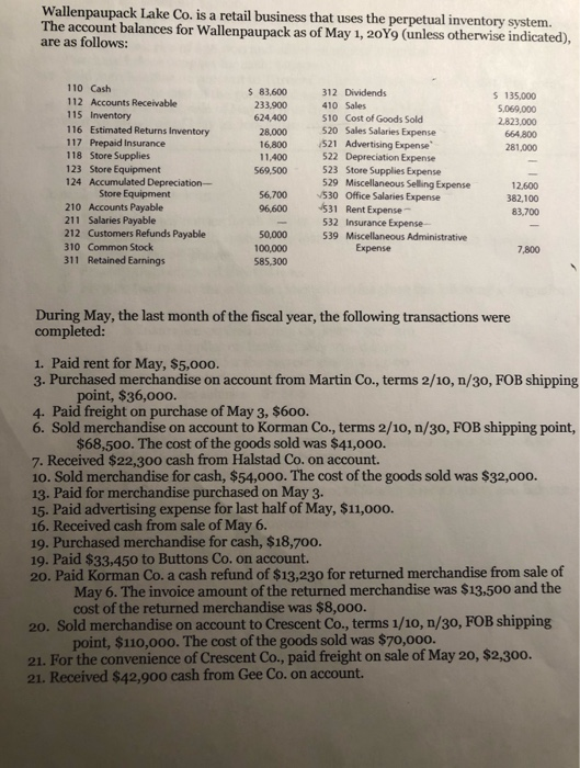 Wallenpaupack Lake Co. is a retail business that uses the perpetual inventory system. The account balances for Wallenpaupack
