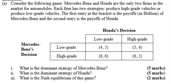 (a) Consider the following game: Mercedes-Benz and Honda are the only two firms in the market for automobiles. Each firm has