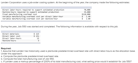 Landen Corporation uses a job-order costing system. At the beginning of the year, the company made the following estimates: D
