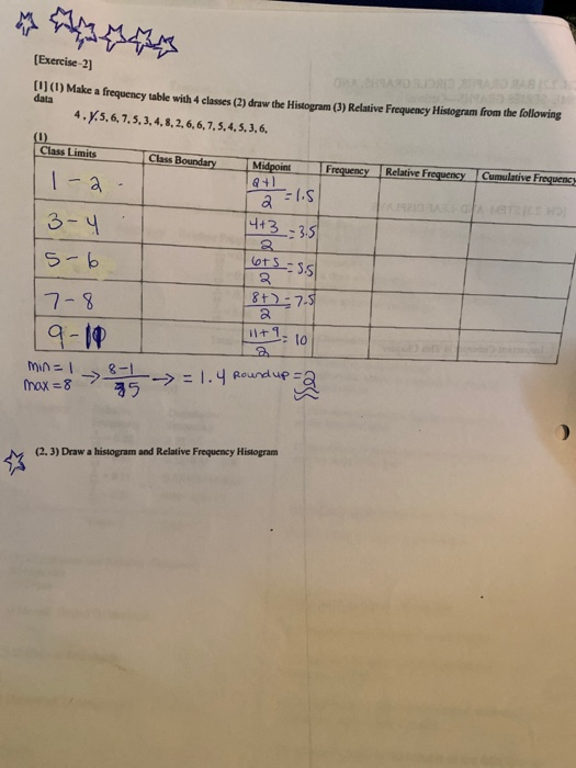 (Exercise-2) (1) Make a frequency table with 4 classes (2) draw the Histogram (1) Relative Frequency Histogram from the follo