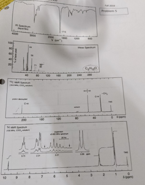 Fall 2019 Problem 5 IR Spectrum (iquid fim) 1715 4000 3000 2000 V (cm) 1600 1200 800 100 44 Mass Spectrum 80 60 58 20 M. 86 C