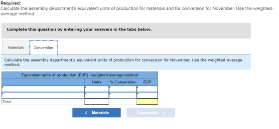 Required: Calculate the assembly departments equivalent units of production for materials and for conversion for November. U