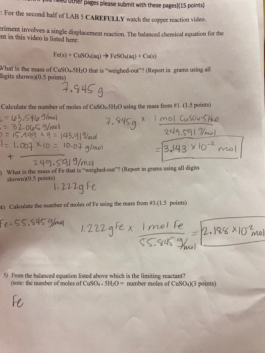 pages please submit with these pages)(15 points) For the second half of LAB 5 CAREFULLY watch the copper reaction video. erim