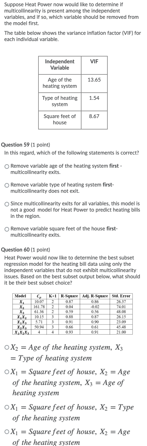Suppose Heat Power now would like to determine if multicollinearity is present among the independent variables, and if so, wh
