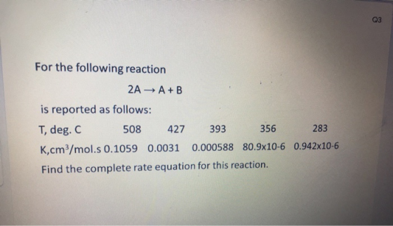 Q3 For the following reaction 2A + A+B is reported as follows: T, deg. C 508 427 393 356 283 Kcm/mol.s 0.1059 0.0031 0.000588