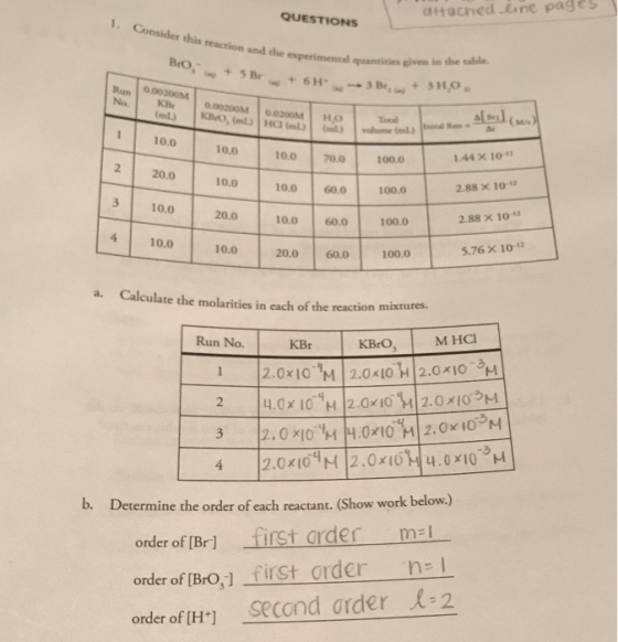 QUESTIONS anached une pageS reaction and the experimental quantities given in Bro Run 0.00200M Tora 1 10.0 10.0 10.0 70.0 100.0 10.0 60.0 100.0 10.0 60.0 100. 20.0 60.0100.0 1.44× 10-12 2.88 × 10.12 2.88× 10-12 5.76 x 10-1 2 10.0 3 10.0 20.0 4 10.0 10.0 a. Calculate the molarities in each of the reaction mixtures. Run No. KBr KBrO M HCI 2.0x1O M 2.0x1O H 2.0x0 Determine the order of each reactant. (Show work below.) order of [Br]first arder ml order of [BrO,1 first order n=1 order oflH+] secondorder人2 b.