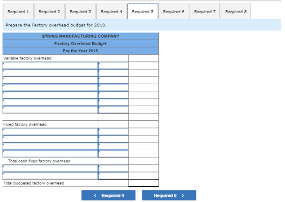 Required 1 Required 2 Required 3 Required 4 Required 5 Required 6 Required 7 Required 8 Prepare the Factory overhead budget f