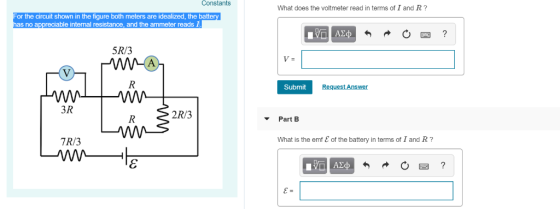 Constants What does the voltmeter read in terms of I and R? the circuit shown in the figure both meters are idealized, the ba