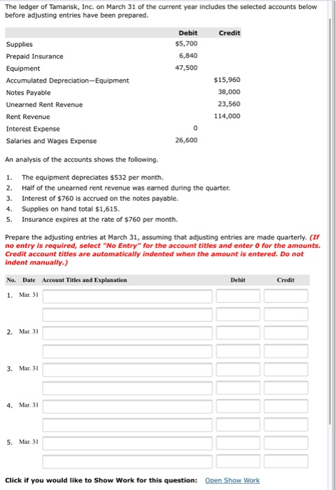 0 The ledger of Tamarisk, Inc. on March 31 of the current year includes the selected accounts below before adjusting entries