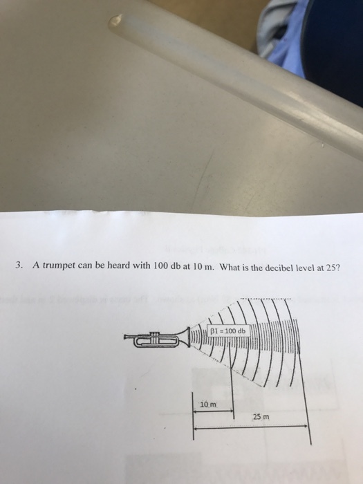 3. A trumpet can be heard with 100 db at 10 m. What is the decibel level at 25? : 100 db ! 10 m 25 m