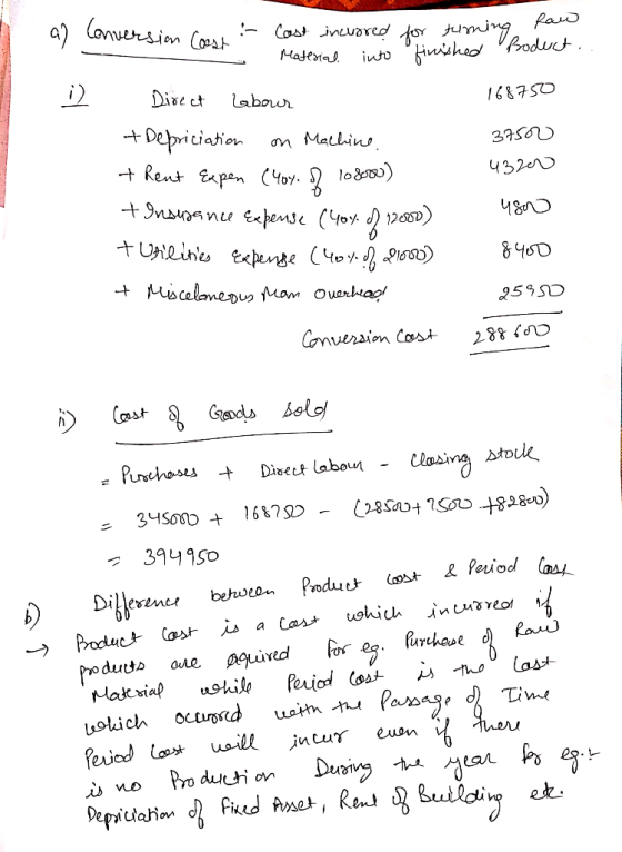 Conuersion Cost Pas Mateia intoinshaProdut Dive et abour I687 50 Depriciation + Rent xpn Yoy. l08) nsuanu epense (4o) 120) +U