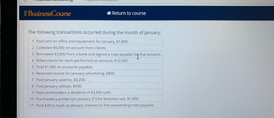 Business Course * Return to course The following transactions occurred during the month of January: 1 Paid rent on office and