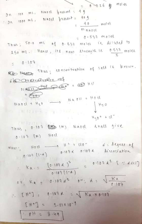 0426 moles on 100 ml, Nood present : 49 on 1000 mL, Naol present = 40g - 40 moles mwaoce 0.537 moles Thus; 50.0 ml of 0.537 m