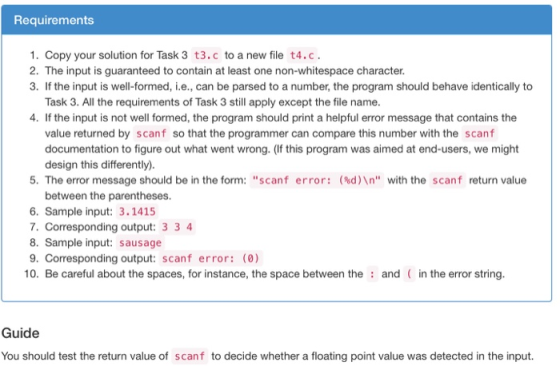 Requirements 1. Copy your solution for Task 3 t3.c to a new file t4.c. 2. The input is guaranteed to contain at least one non