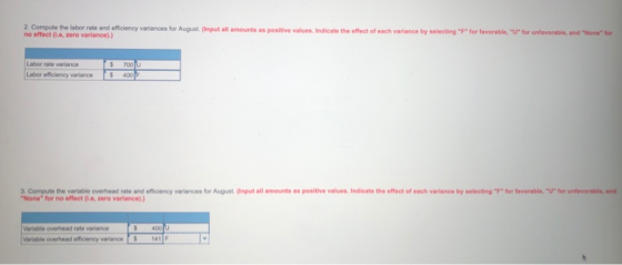 2. Compute the labor rate and efficiency variances for August. (Input all amounts as positive values. Indicate the offect of