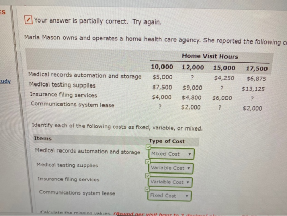 Your answer is partially correct. Try again. Marla Mason owns and operates a home health care agency. She reported the follow