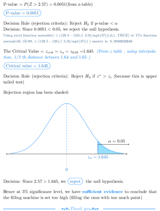 P-value = P(Z > 2.57) = 0.0051 (from z-table) P-value = 0.0051 Decision Rule (rejection criteria): Reject Ho if p-value < a D
