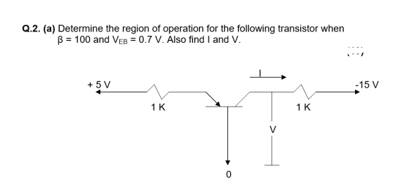 Q.2. (a) Determine the region of operation for the following transistor when B = 100 and VeB = 0.7 V. Also find I and V. + 5