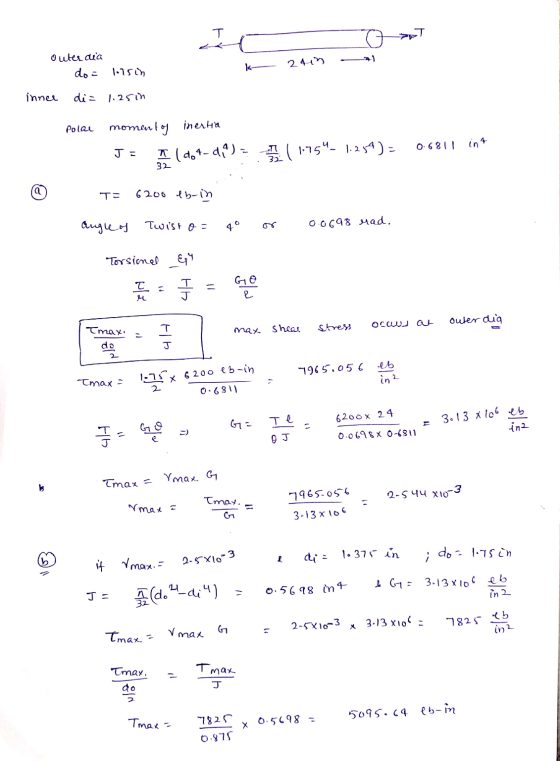 T outer dia 1 24 in do = 1.75in inner di= 1.25in Polar moment of inertia I (464-4,4)= (1-754- 1.234) = 0.6811 int J = 32 T- 6