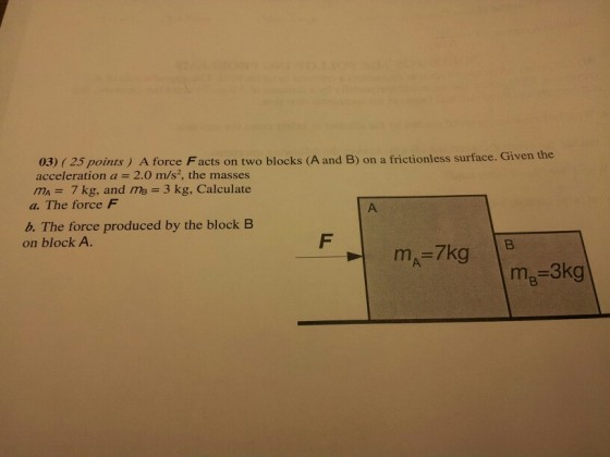 Image for 03) ( 25 points ) A force Facts on two blocks (A and B) on a frictionless surface. Given the acceleration a =
