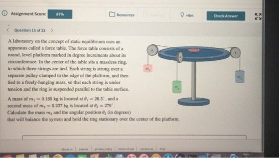 Assignment Score: 87% Resources Hint Check Answer < Question 15 of 23 > A laboratory on the concept of static equilibrium use