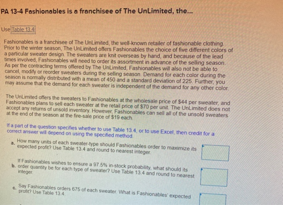 PA 13-4 Fashionables is a franchisee of The Unlimited, the... Use Table 13.4 Fashionables is a franchisee of The Unlimited, t