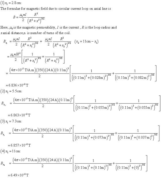 (1) x, -2.8 crm The formulae for magnetic field due to circular current loop on axial line is 2 (R2+X Here, tois the magnetic perm eability, I is the current , Ris the loop radius and x axial di stance,n is number of turns of the coil x2 = 11cm-M 3/2 3232 (4Tx10T/Am) (350) (24A)(0.11m) ( 0.11m)+(0.028m )) (0.11m)+ (0.082m) -6.836 x10-2 T (2) x -5.5cm (4Tx10T/Am) (350) (24A) (0.11m) (0.1m) +(0055m)((0.11m) +(0.055m) 6.863x102 T (3)% = 73 cm : (4πΧ 10-7 T/Am) (350)(24 A) (0.11m)2 (0.1m)+ (0.073m))(011m) +(0,037 m) 0.11m),(0.037 m =6.857×10-2 T (4)而=11cm Ar×10-7 T/Am) (350)(24 A)(0, 1 1m) (0.11m)+(0.11m) -6.49x10-2 T