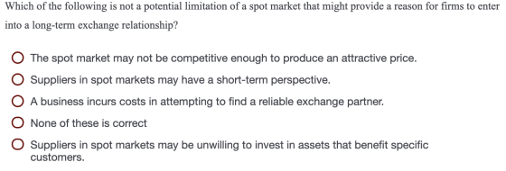 Which of the following is not a potential limitation of a spot market that might provide a reason for firms to enter into a l