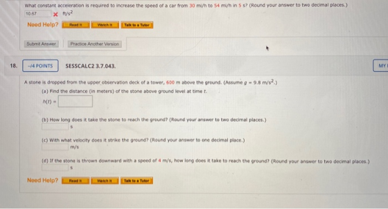 What constant acceleration is required to increase the speed of a car from 30 ml/h to 54 mi/h in 5 s? (Round your answer to t